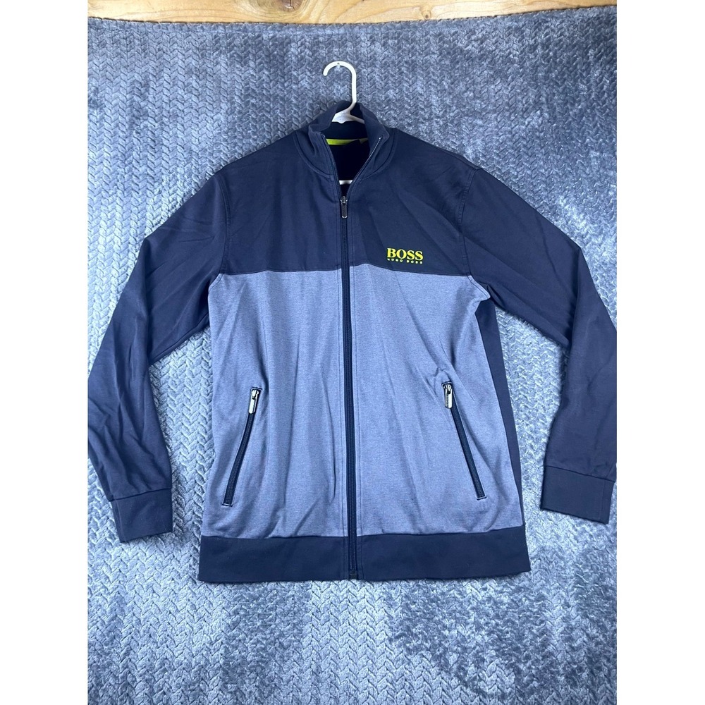 Hugo Boss Track Jacket Mens Medium Gray Black Cotton Colorblock Logo Full Zip